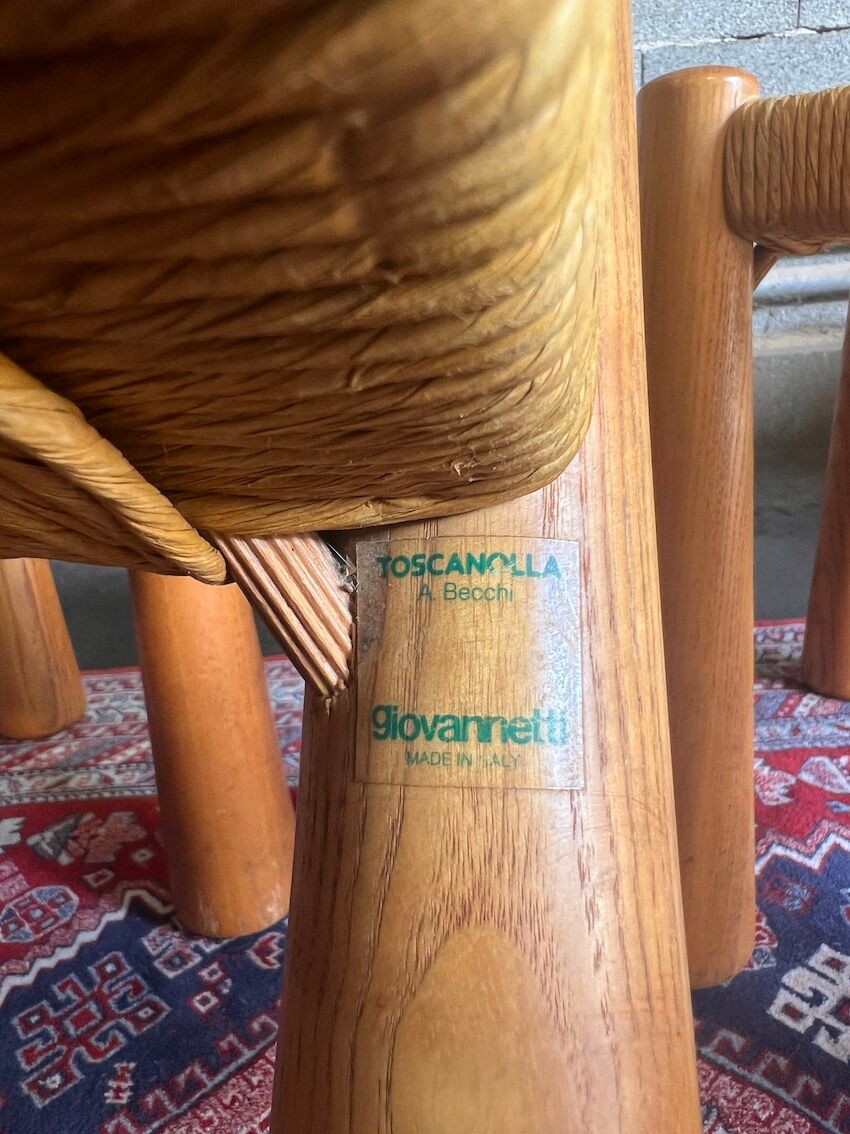 4 Toscanolla chairs in wicker and solid pine by alessandro becchi for giovanetti - italy - 1970