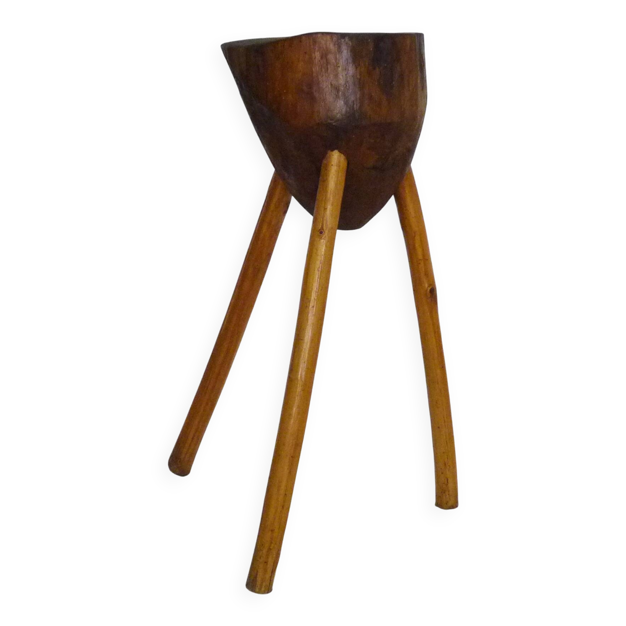 Ancien Billot de boucher tripode en chêne, sellette, tabouret. Années 5O