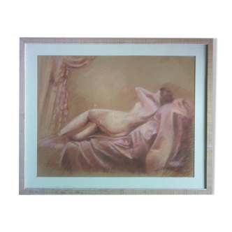 Elongated female nude, blood drawing on paper, signed and framed