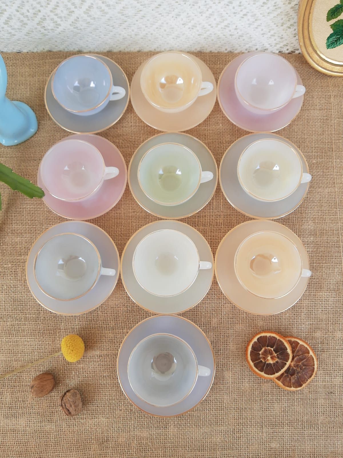 Set of 10 cups and under cups harlequin Arcopal France - vintage