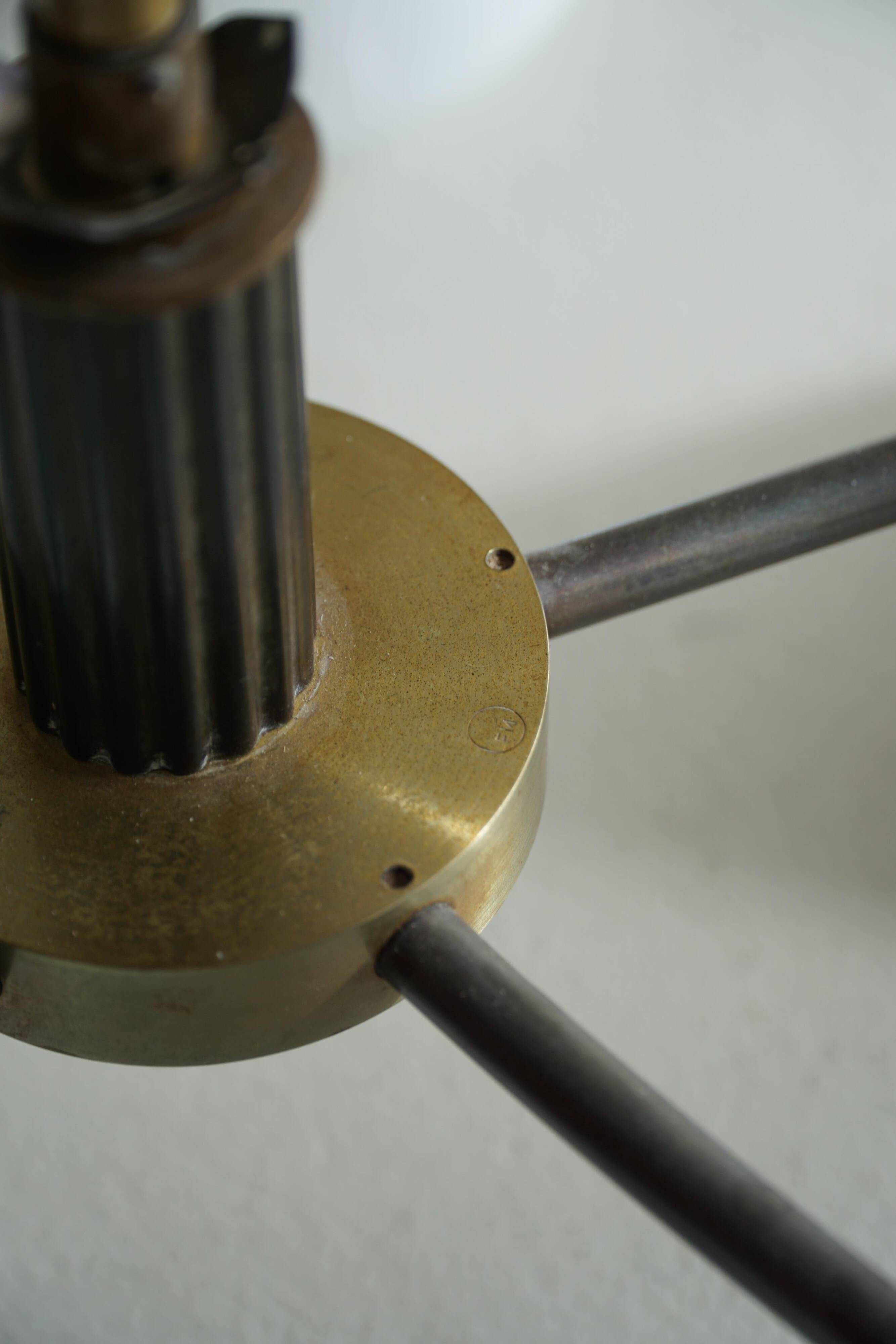 A modern Danish chandelier with 5 heads in opaline glass and brass, Art Deco, 1940s.