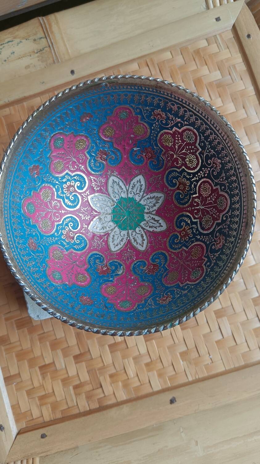 Brass footed bowl with coloured patterns