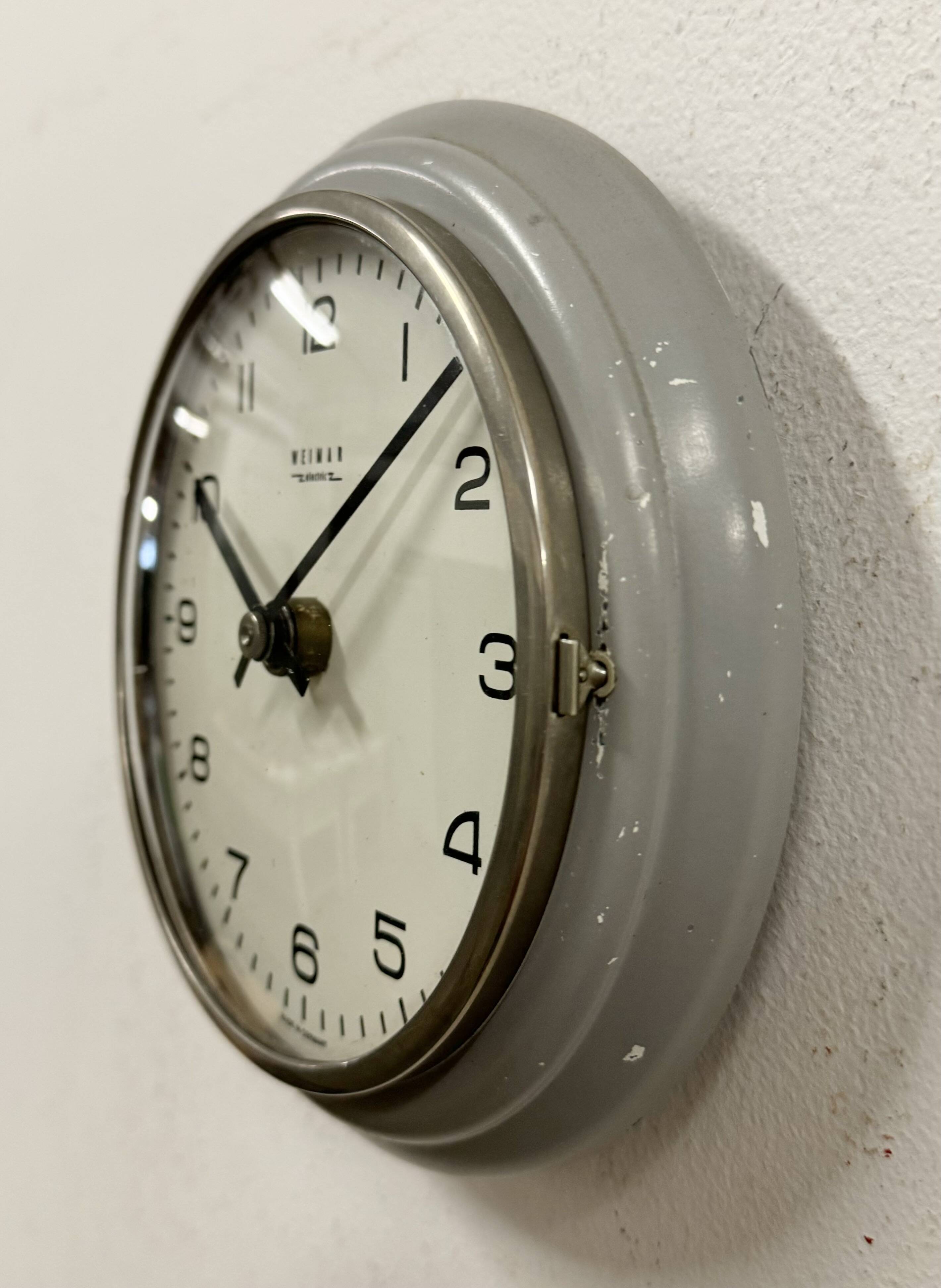 Vintage grey east german wall clock from weimar electric, 1970s