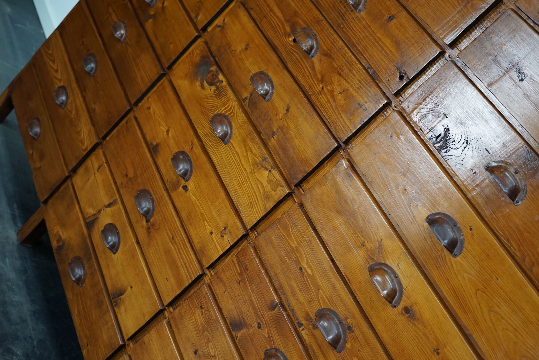 Dutch pine industrial apothecary cabinet, 1950s