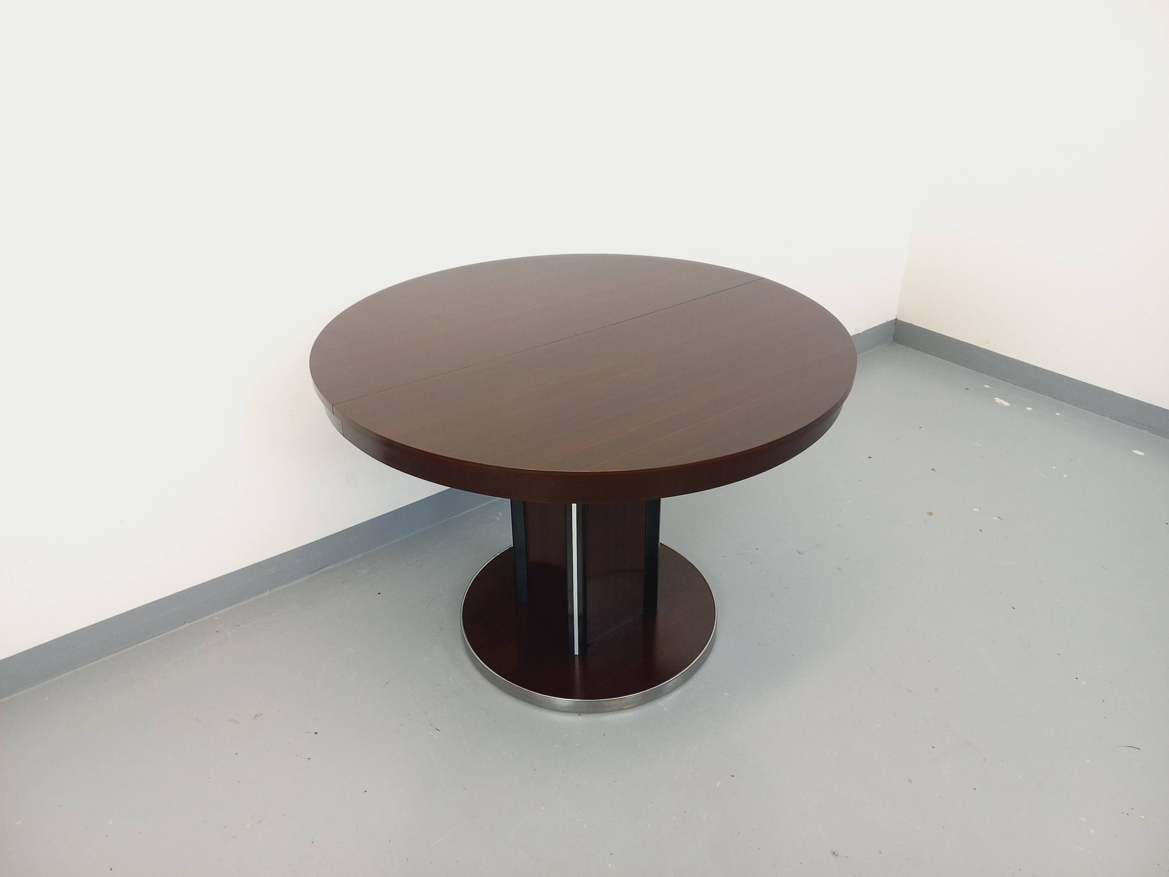 Table ronde de repas vintage en bois d’ébène et métal chromé Space Age