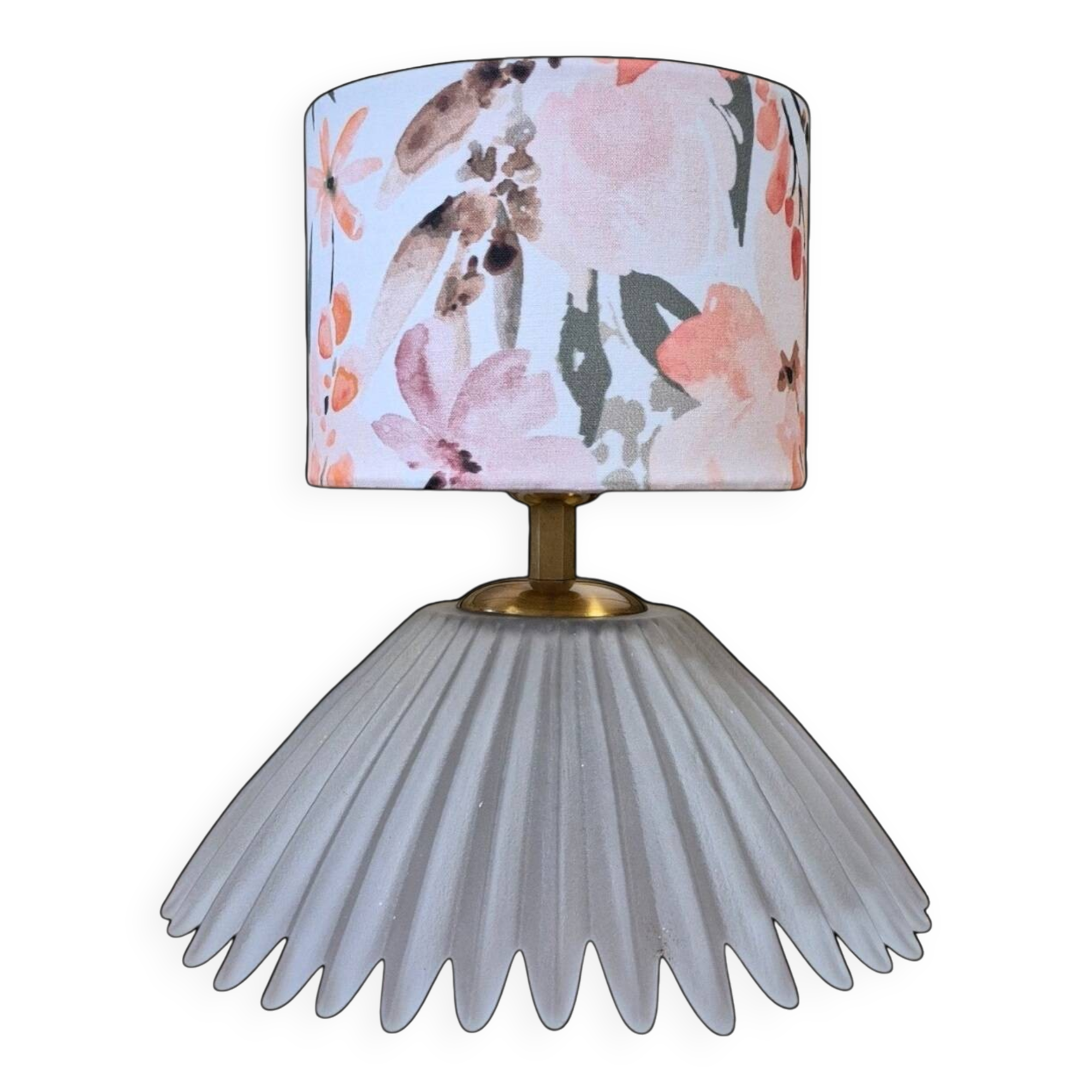 Table lamp, glass base and floral shade