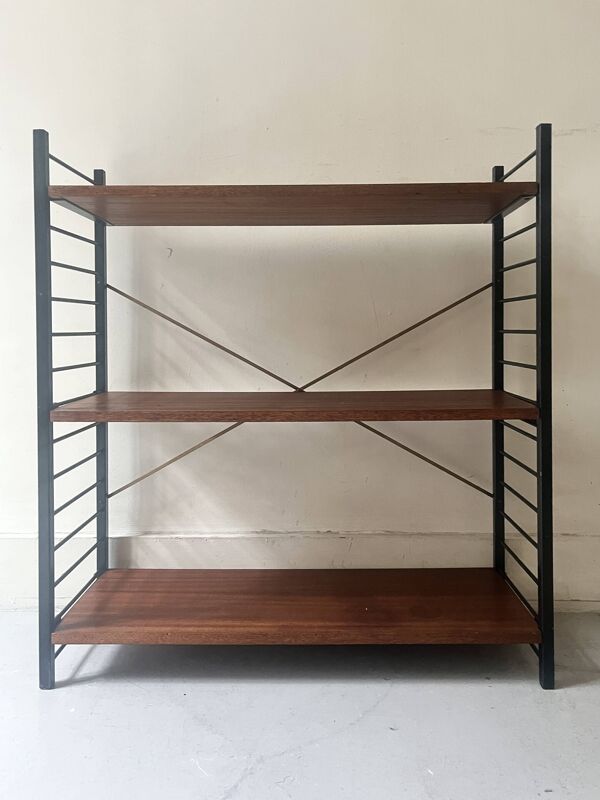 Bibliotheque filaire métal et bois, design 1960