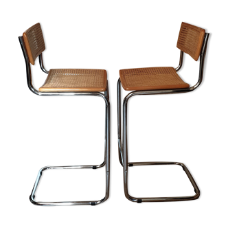 Pair of chrome and canned bar high chairs
