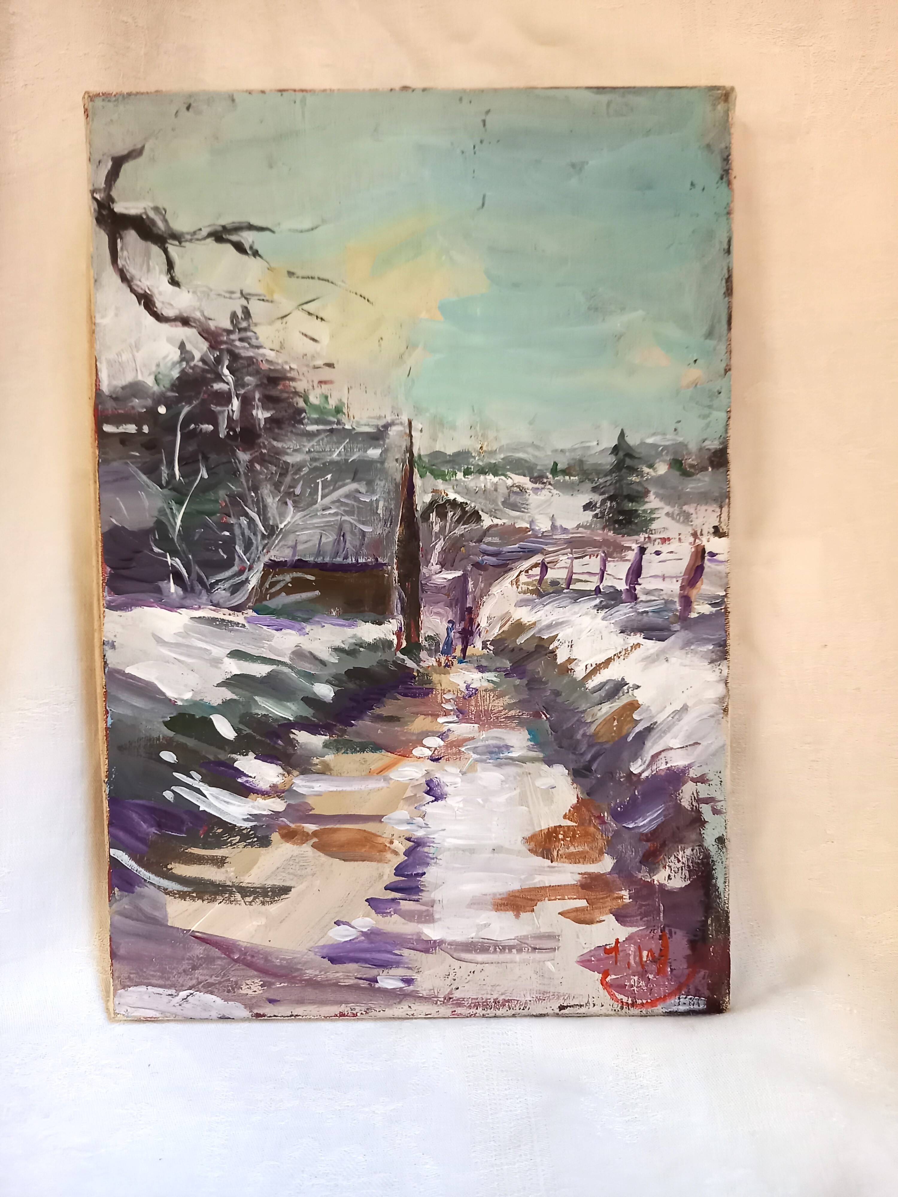 Oil on canvas, landscape under the snow, Jacques Wallart