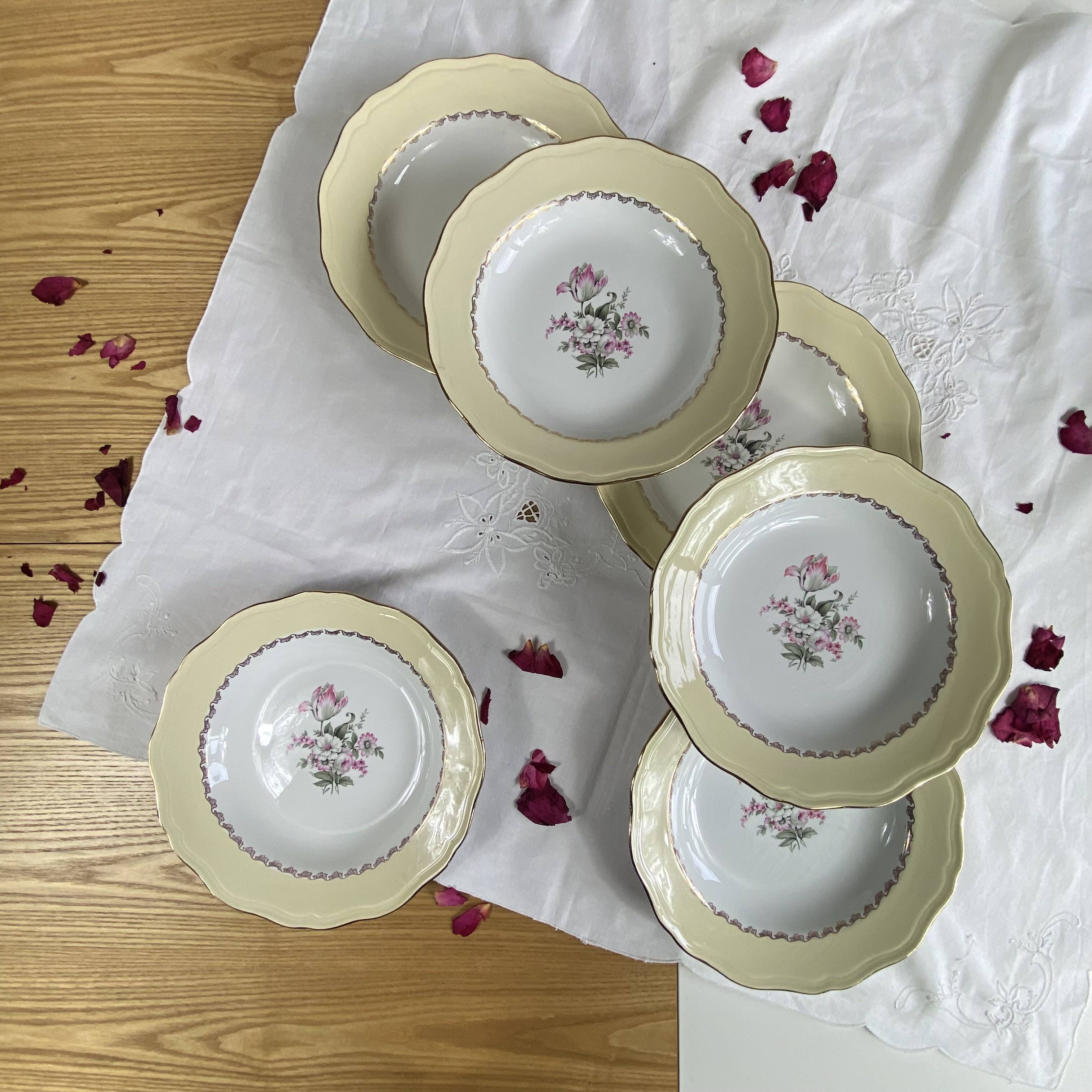 6 antique cream earthenware deep plates with gilded flowers Amandinoise