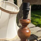 bedside lamp, small turned wooden foot and ecru pagoda lampshade with stripe and fringes