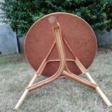 Table basse rotin ronde trépied vintage