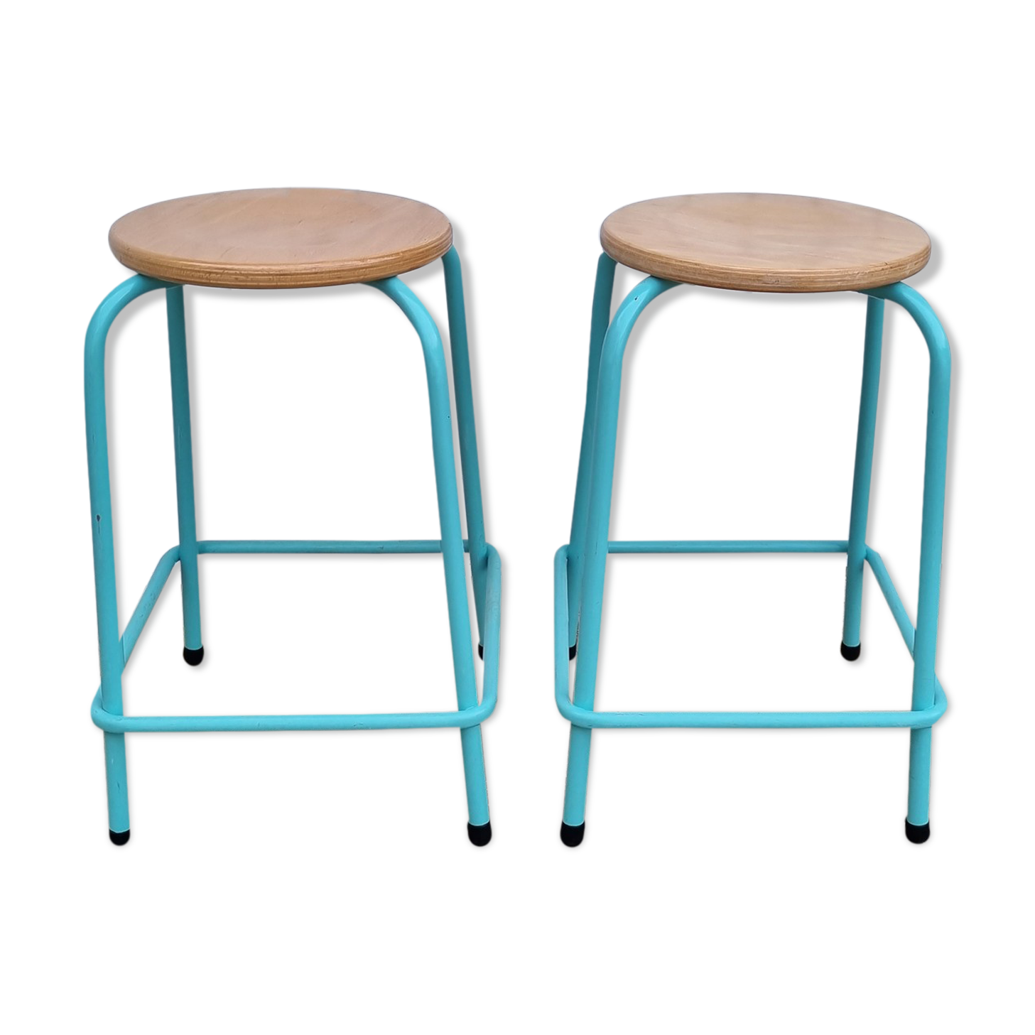 Pair of round stools, industrial, wood and metal, vintage