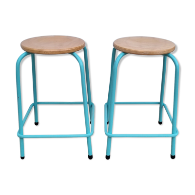 Paire de tabourets ronds, industriels, bois et métal, vintage