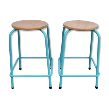 Pair of round stools, industrial, wood and metal, vintage