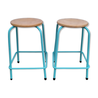 Pair of round stools, industrial, wood and metal, vintage