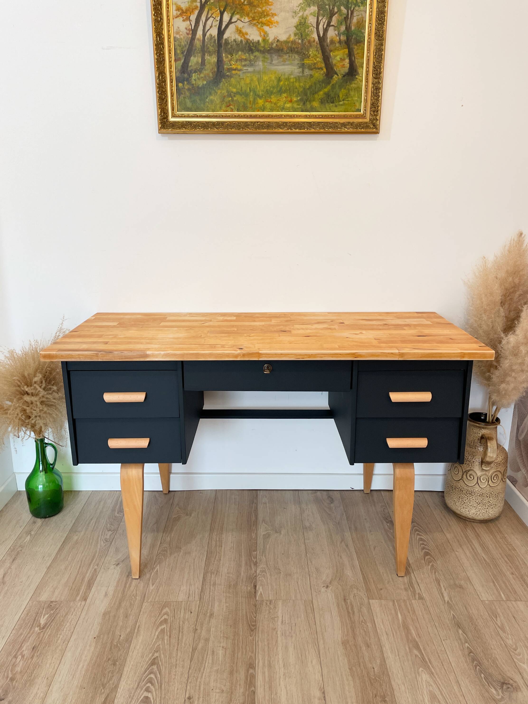 Vintage desk, Scandinavian style, Black lacquer and Beech