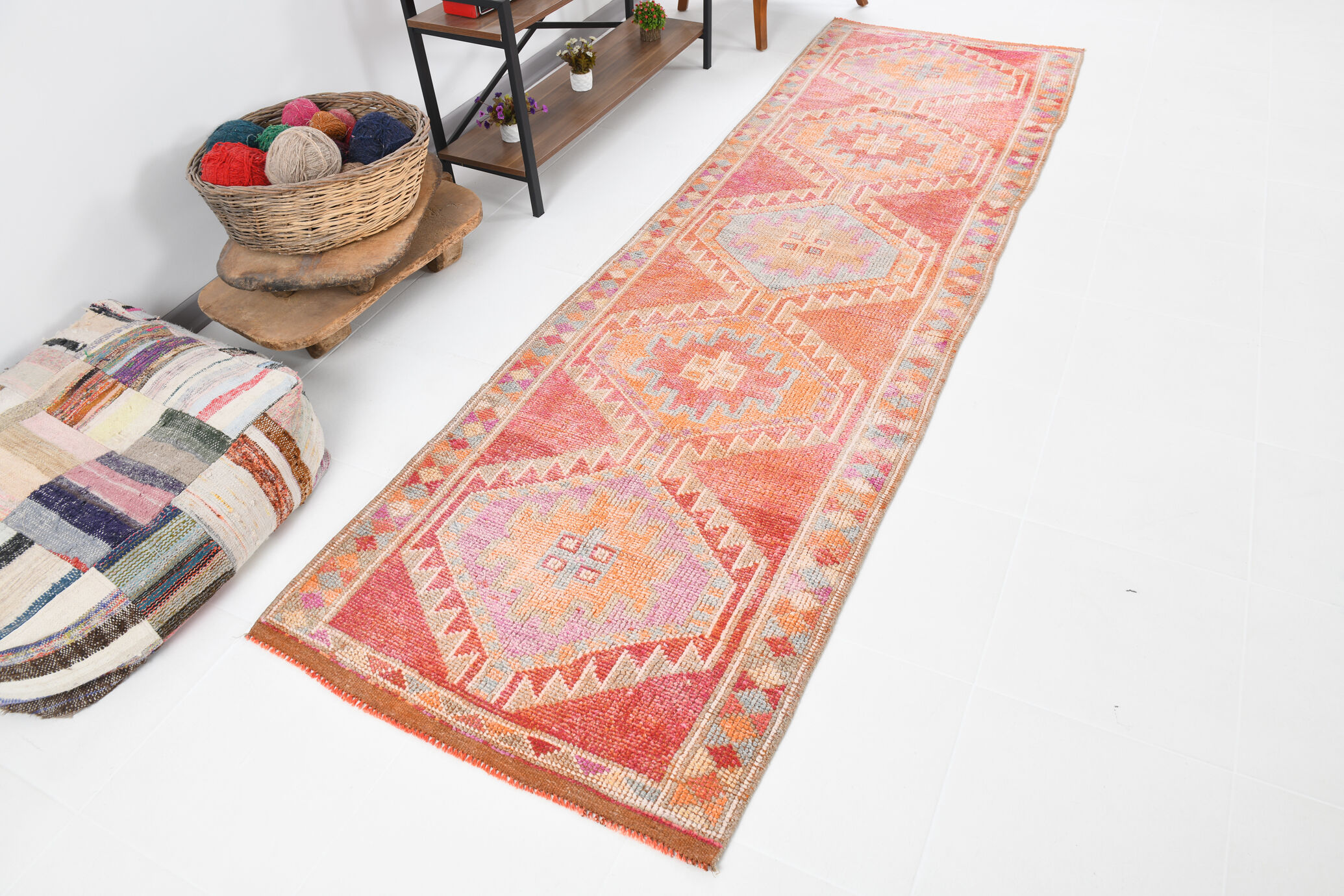 Turkish vintage geometric pattern red runner rug