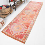 Turkish vintage geometric pattern red runner rug