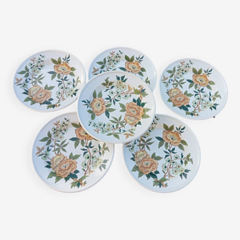 6 soup plates with orange and green flowers, Sologne porcelain, vintage