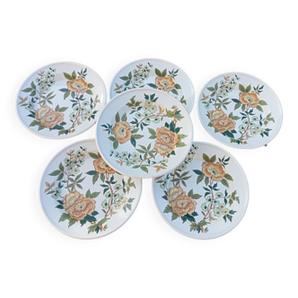 6 soup plates with orange and green flowers, Sologne porcelain, vintage