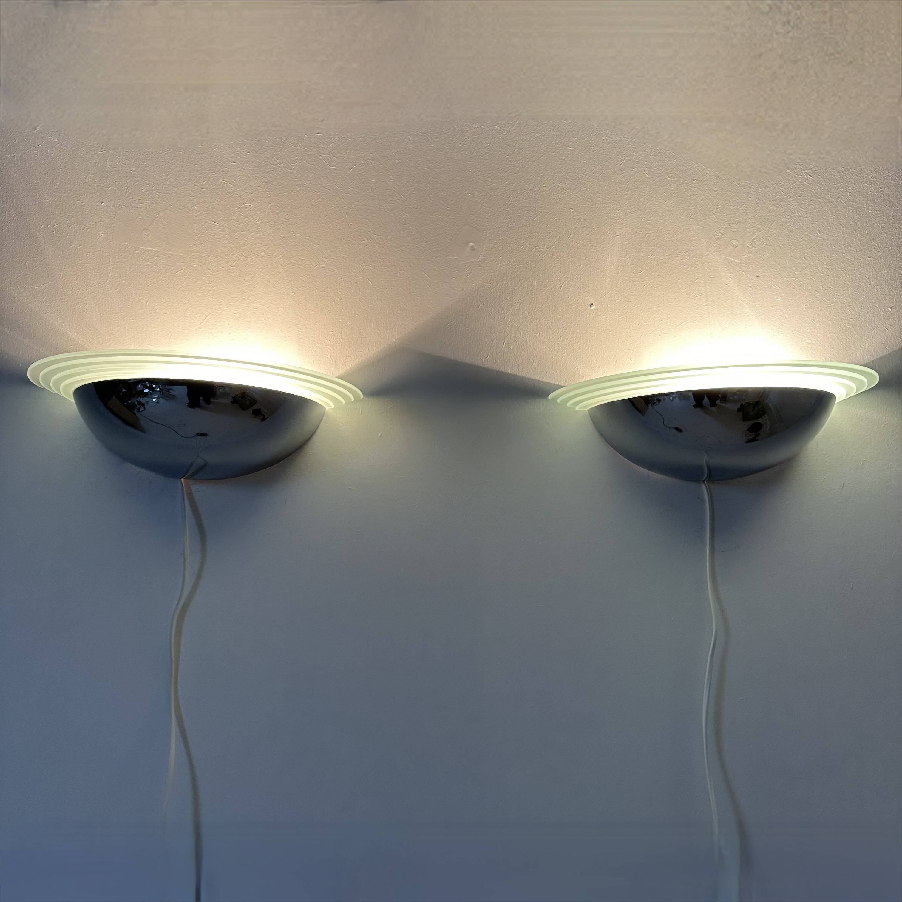 Pair of post modern wall lamps chrome and glass , 1980s