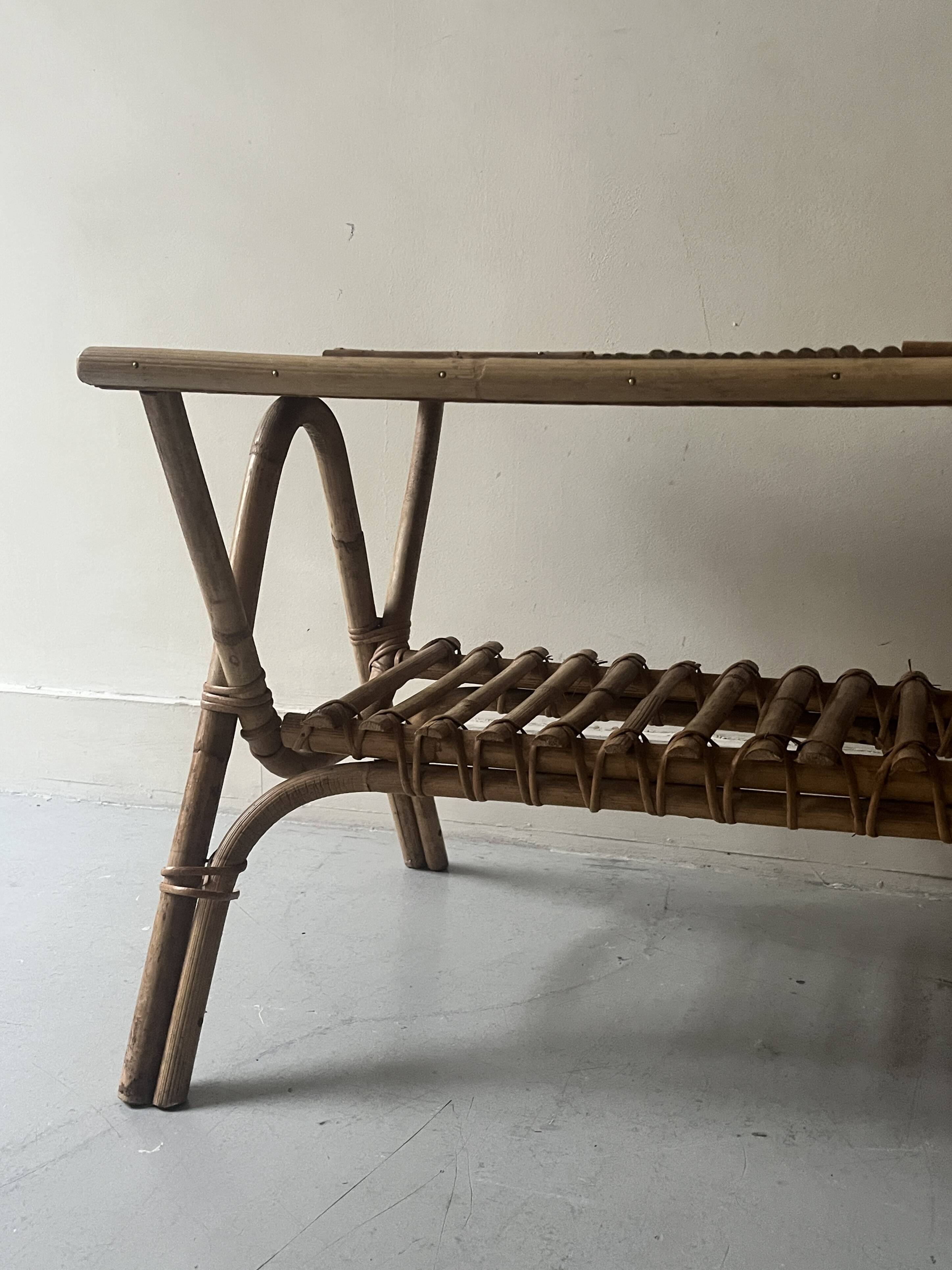 Large Audoux style coffee table in bamboo, rattan & ceramic, France 60