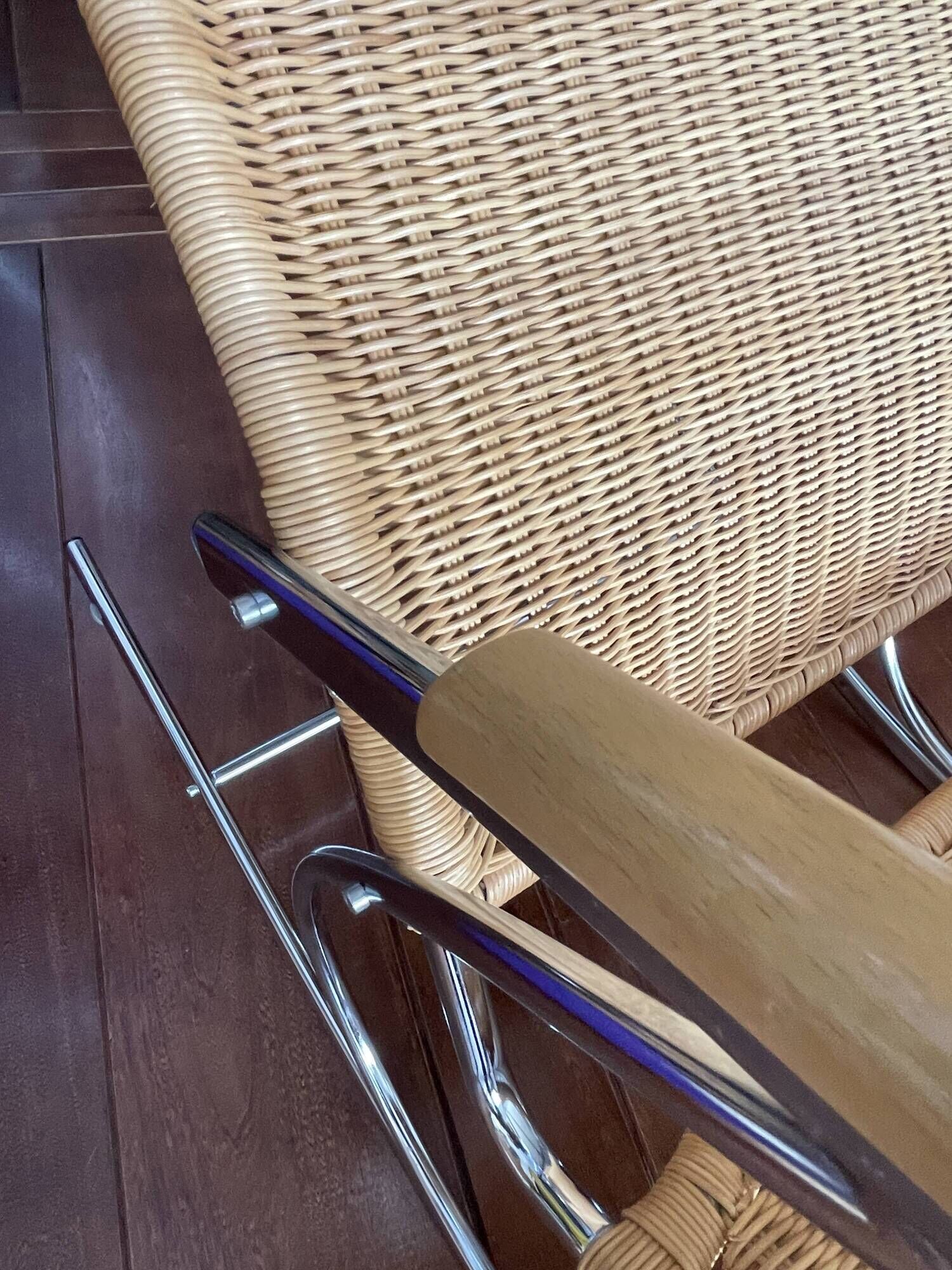 Bauhaus style rocking chair, chrome metal, rattan and beech wood, 1960-70