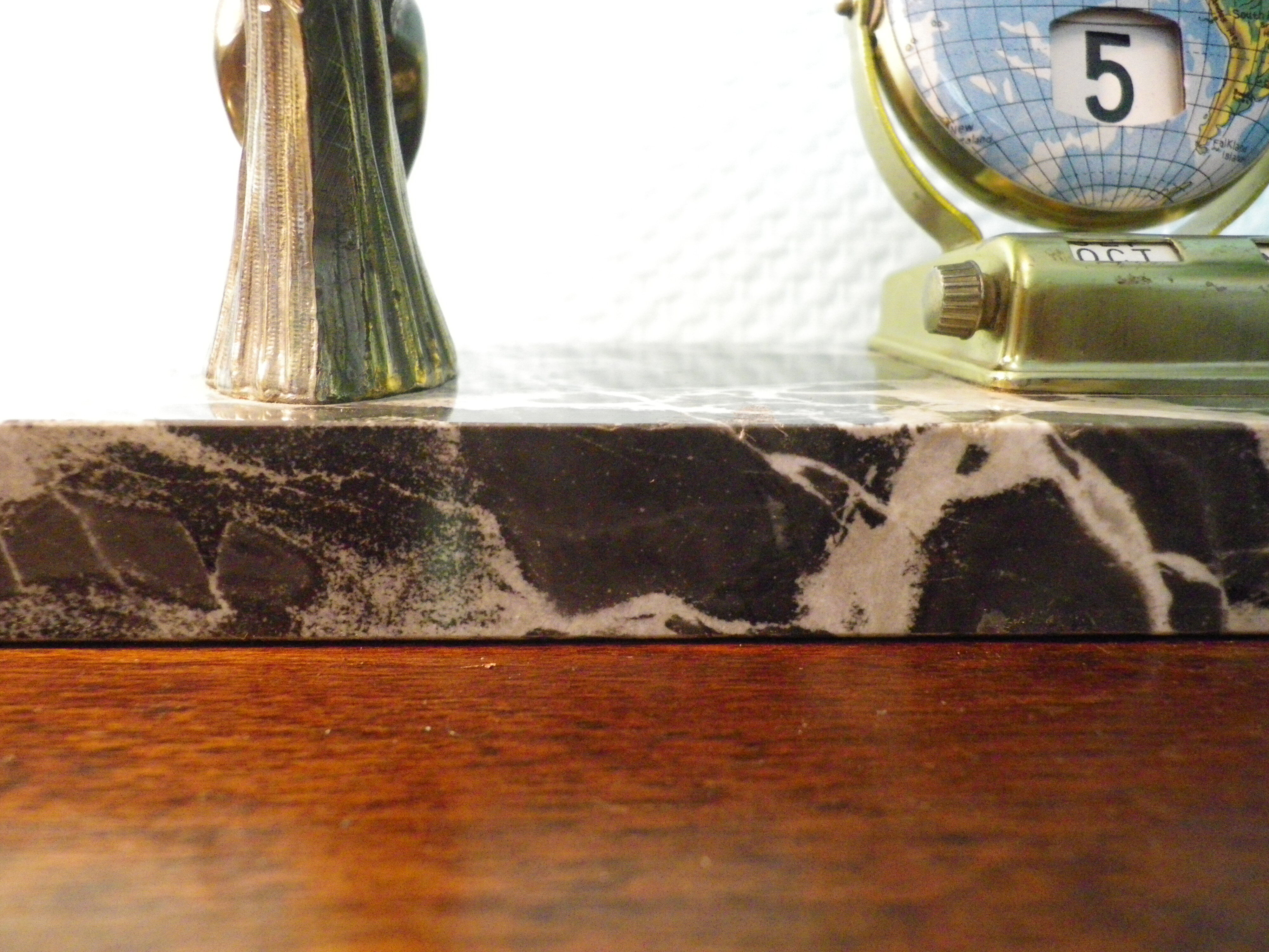 Perpetual calendar on marble base with marble patinated regulated decoration, 60s