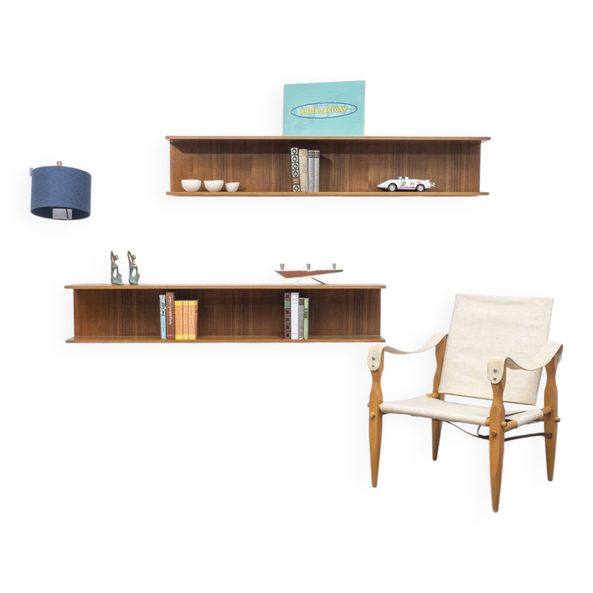 Two minimalist 60s wall shelves in walnut