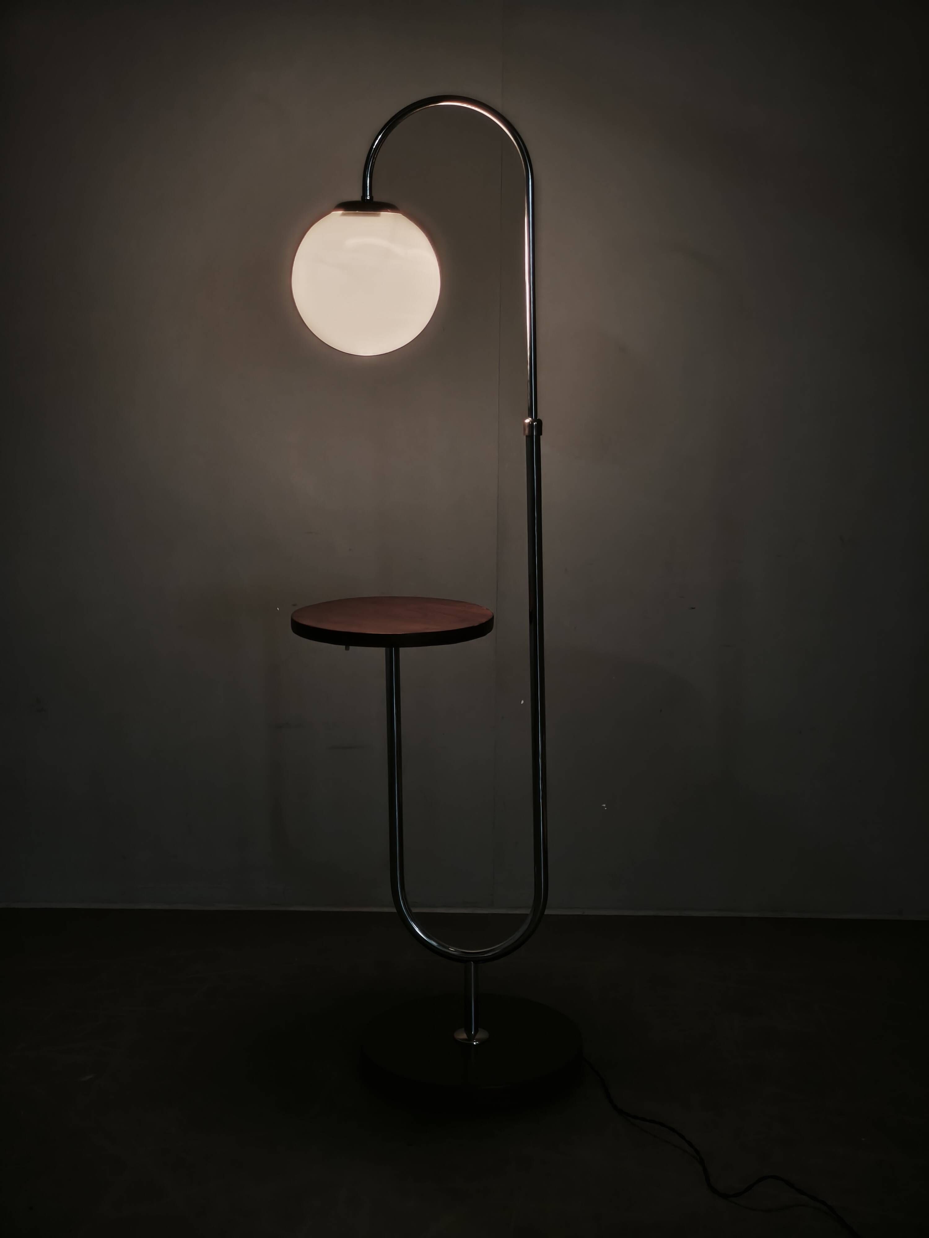 1940s Art Deco Chrome Floor Lamp with Opaline Globe and Side Table