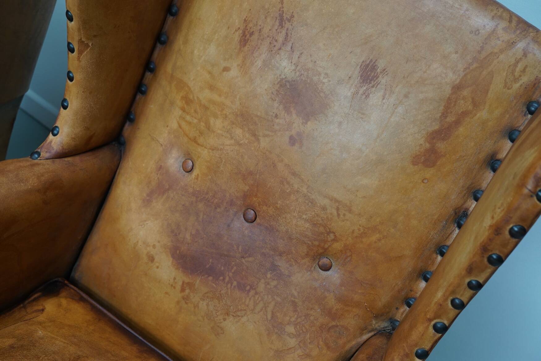 Old Patinated Dutch Cognac Colored Leather Club Chair, Set of 2