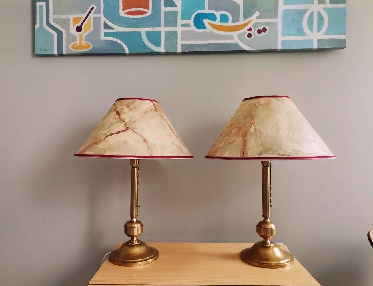 Pair Portuguese  farmhouse brass tall buffet table lamps