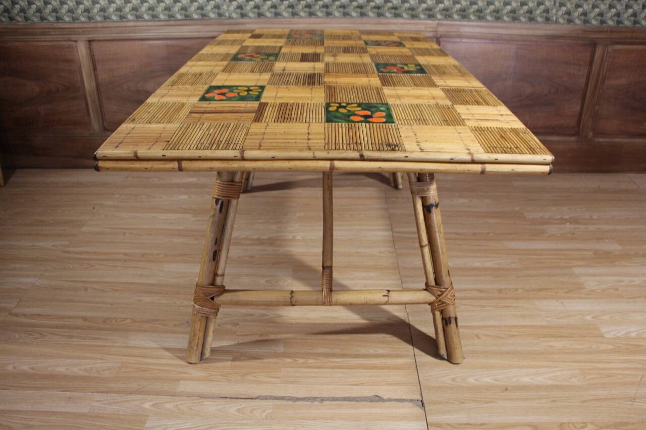Rattan And Ceramic Dining Room Table Audoux Minnet attribution