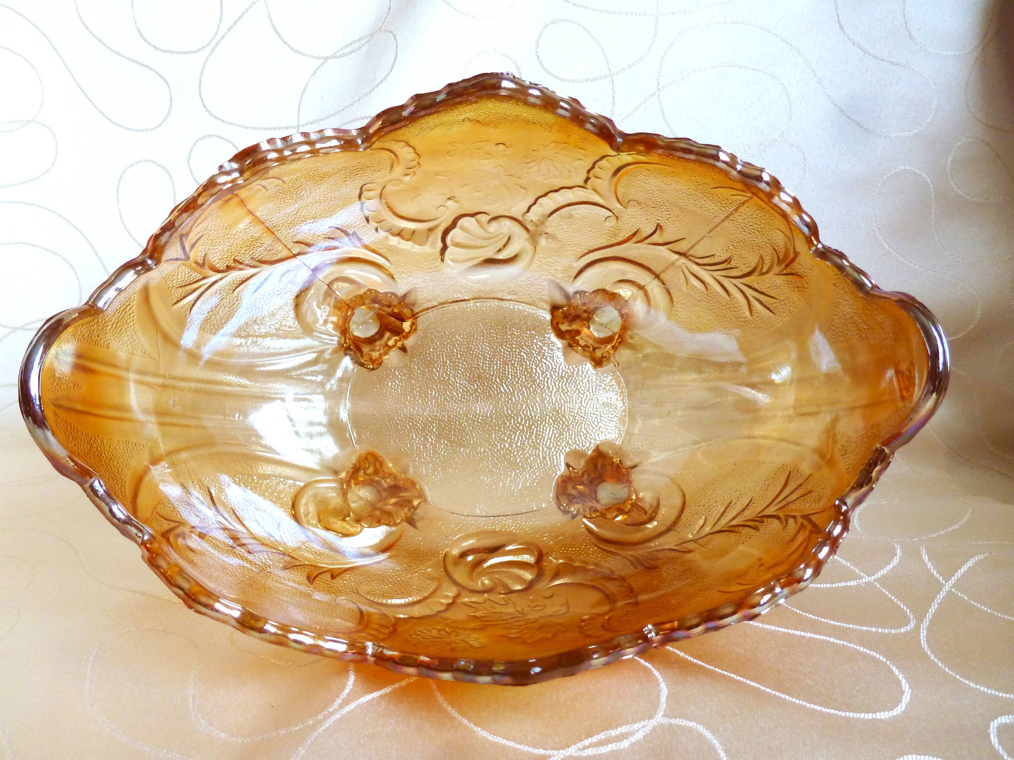 Glass fruit basket, Inwald Carnival molded glass bowl.
