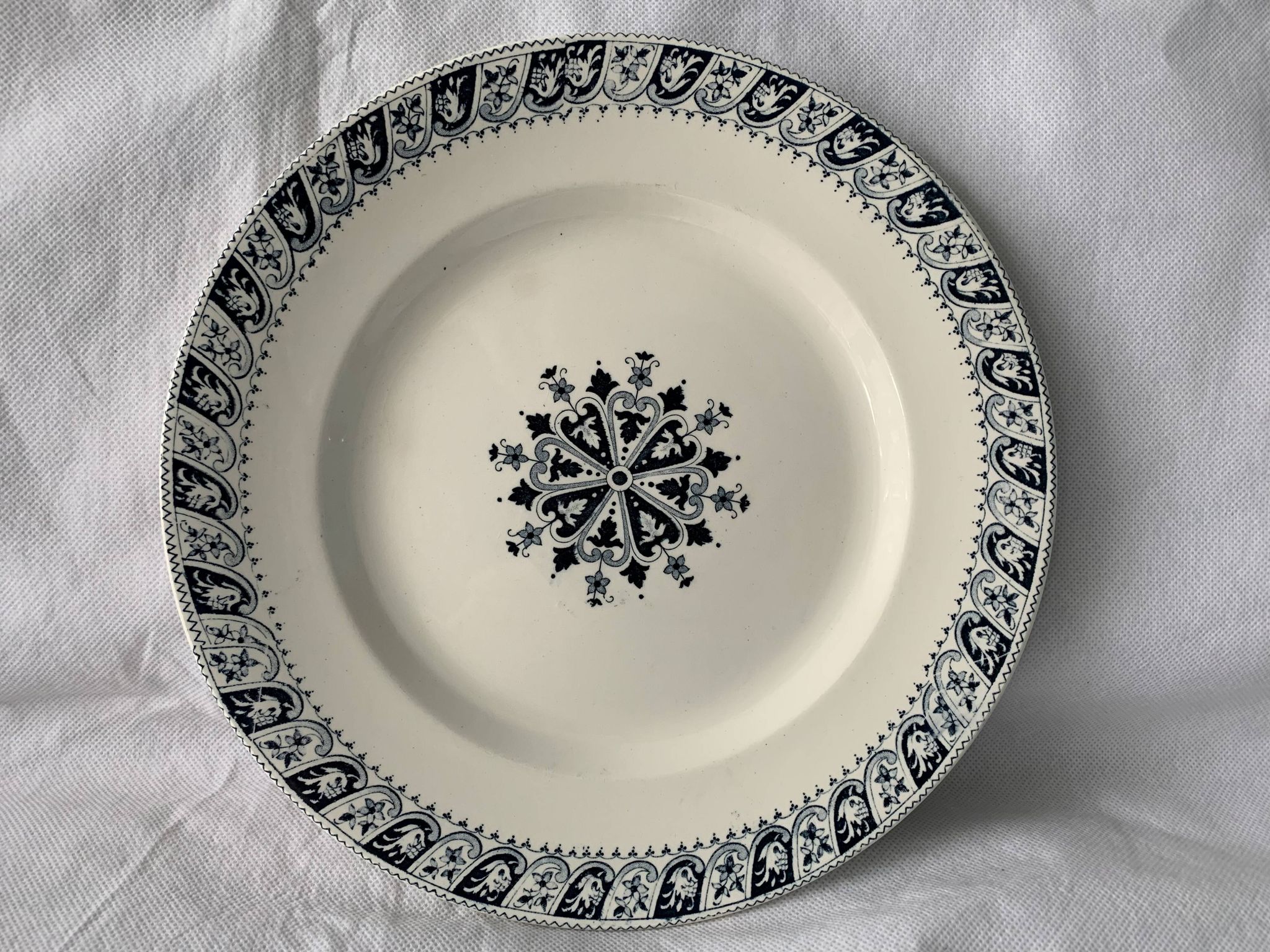 Lot of 12 old flat plates and 2 dishes, Terre de fer Henri II Salins