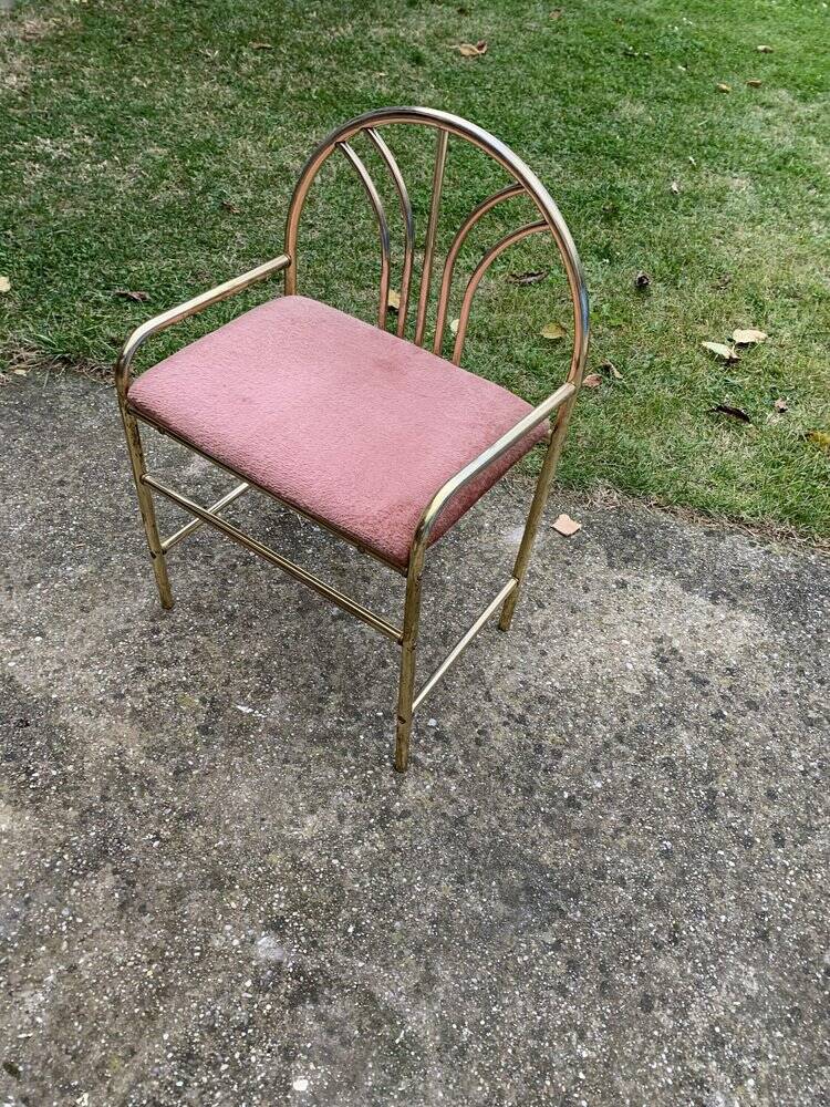 Vintage brass stool with pink seat, 1950s, Czech Republic