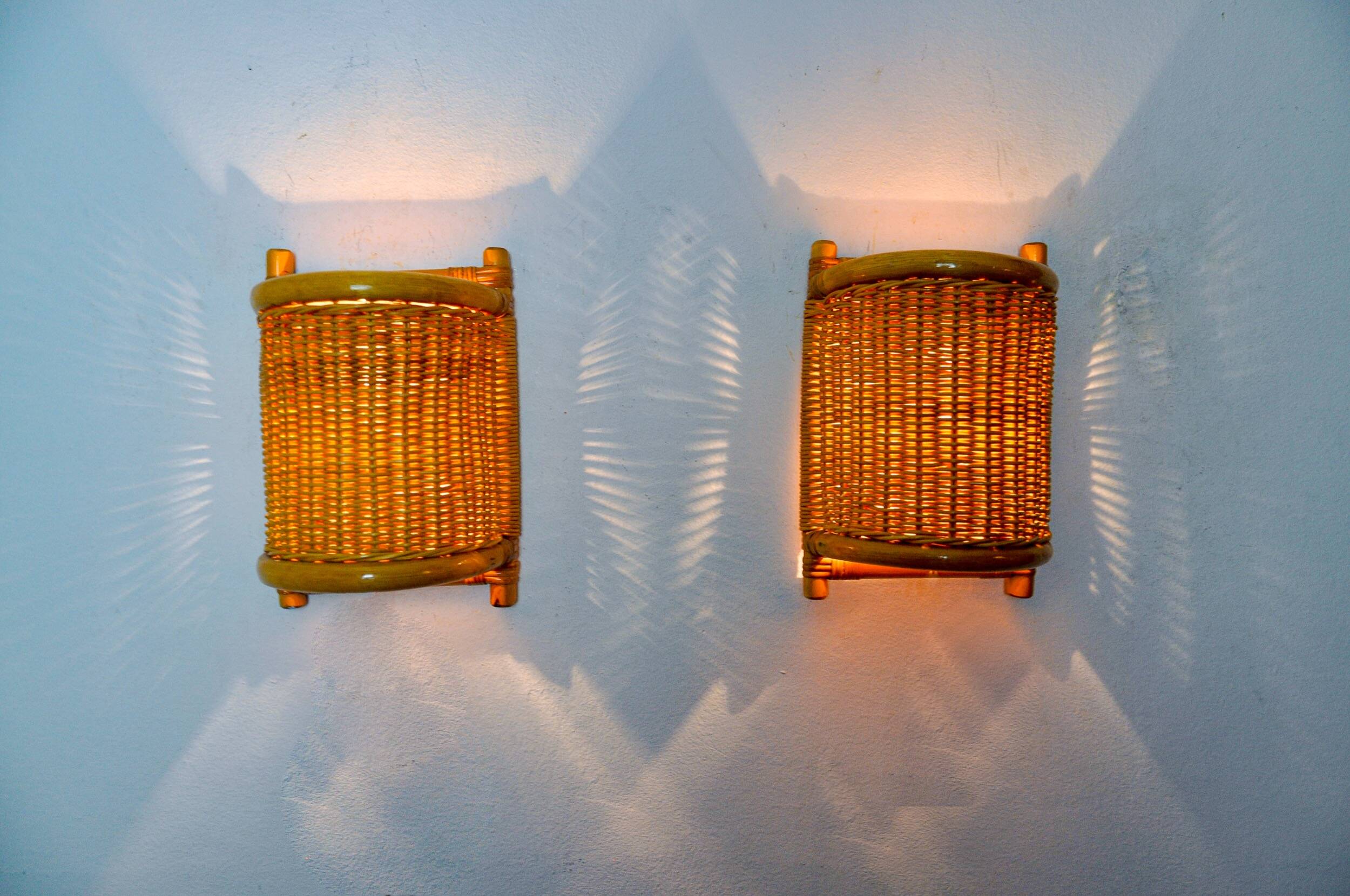 Pair of rattan sconces, France, 1960