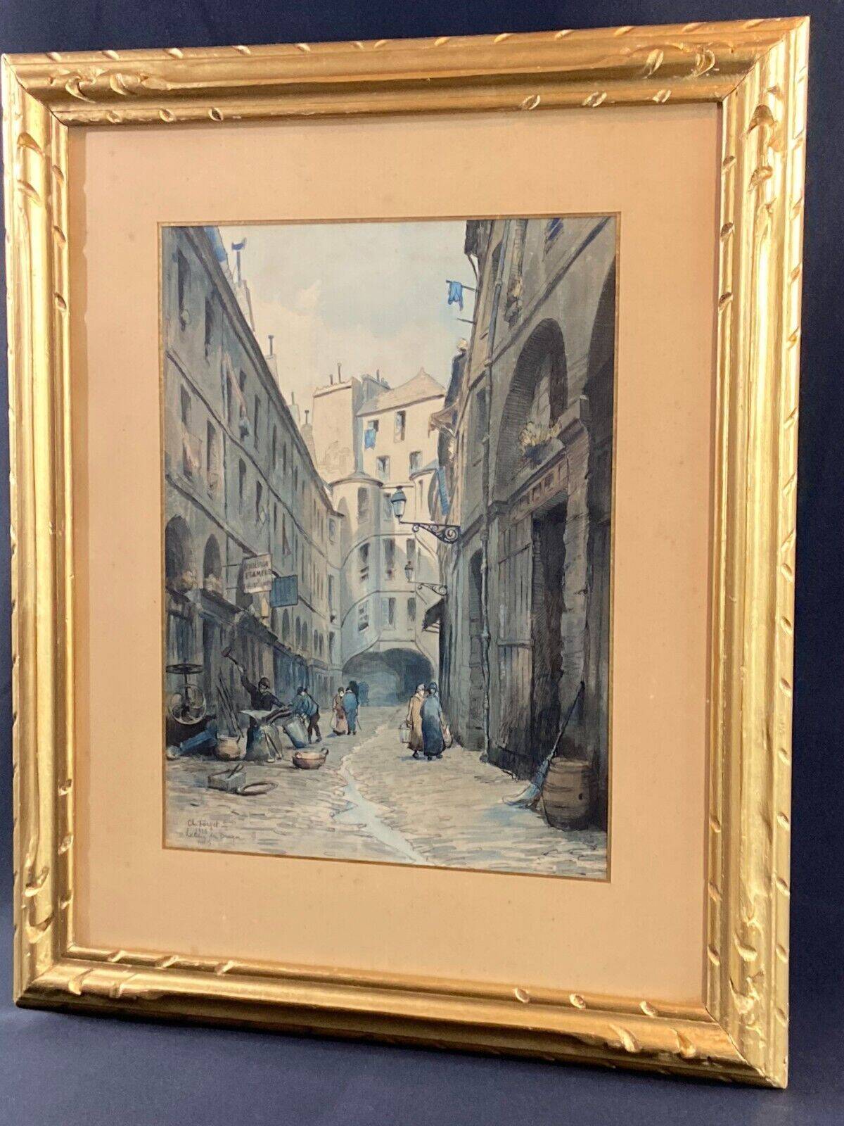 Aquarelle signée Charles Forget (1886-1960) La cour du dragon 1925 Paris VIème