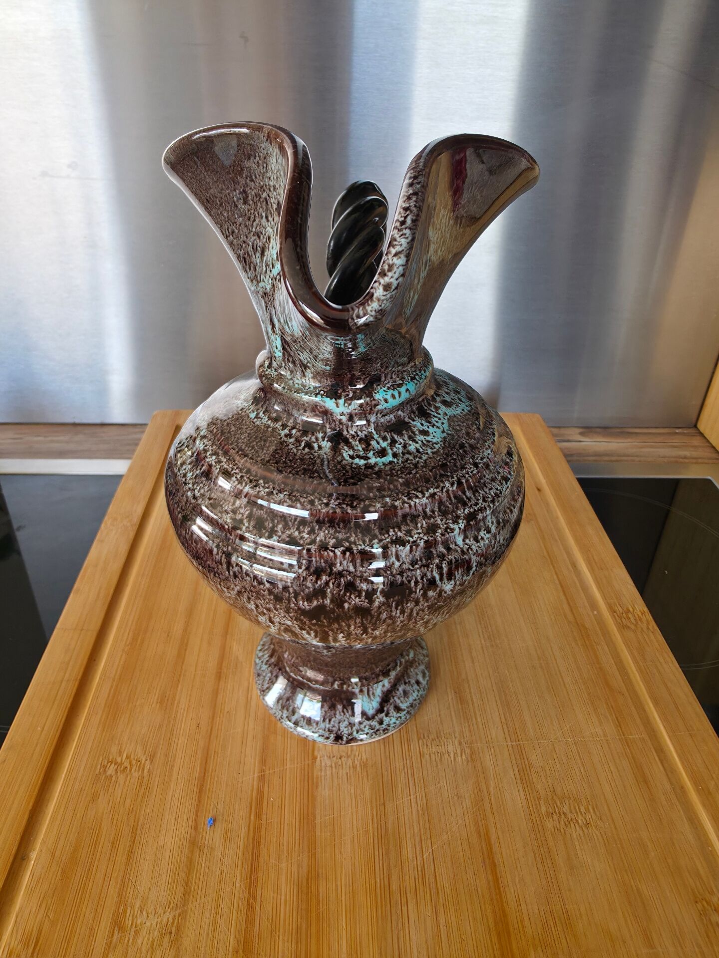 Turquoise and brown speckled pitcher from Vallauris, 1950s.