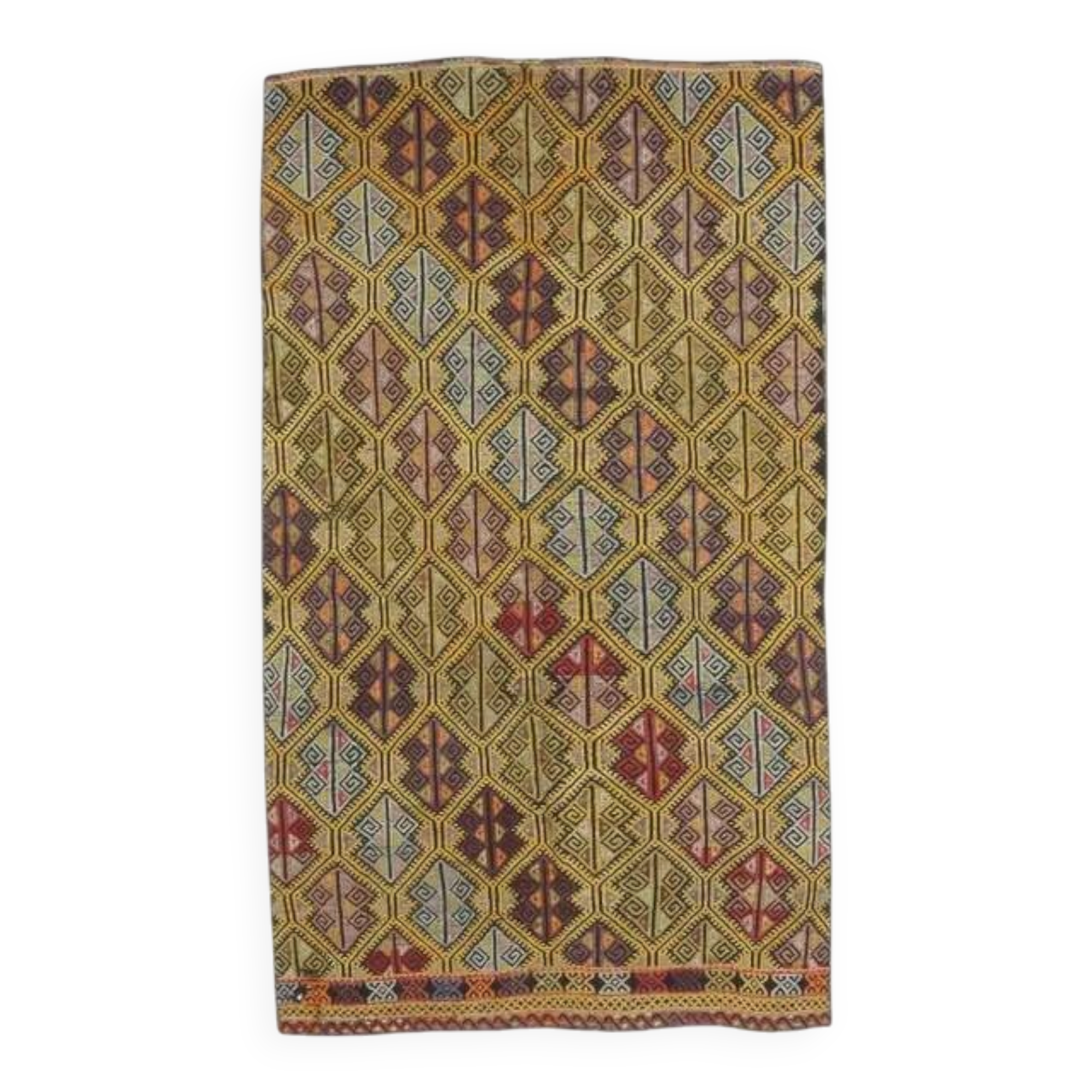Yellow Handwoven Vintage Turkish Wool Flatweave Kilim Rug 118x200