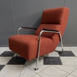 Red Brown fabric relax chair in Chrome frame 1970s