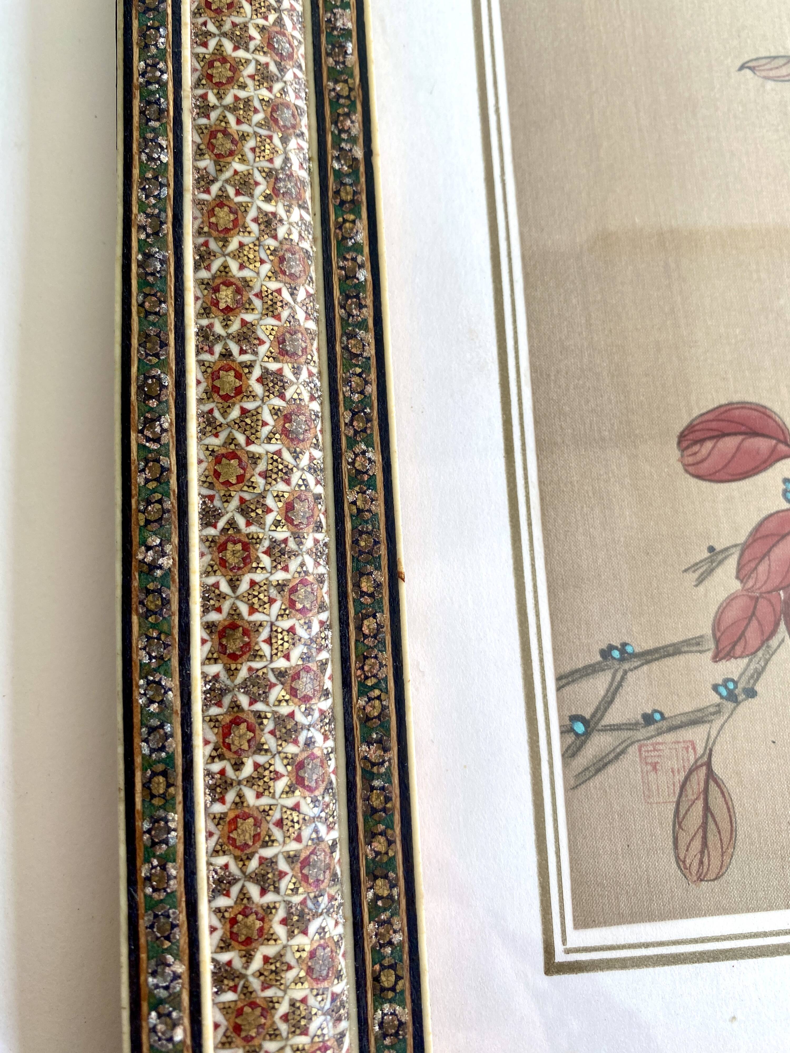 Ornithological painting, marquetry frame