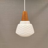 Lamp in white glass with teak top. It is Danish and estimated from the 1970s-1980s.