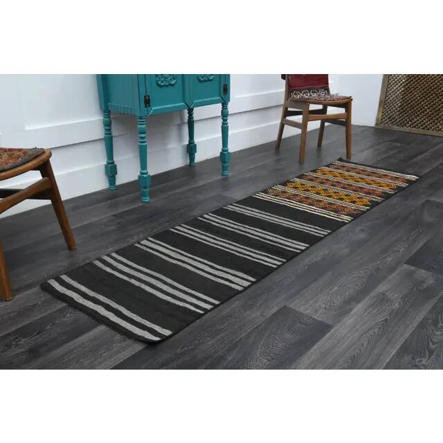 1970s Turkish Oushak Handmade Wool Cotton Black Runner Rug 63x246