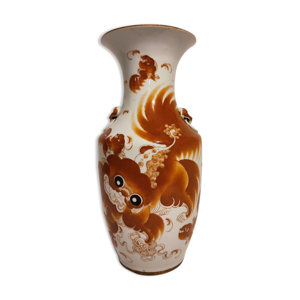 Vase porcelaine chien fo rouge Chine qing XIX Grand vase chinois en porcelaine à 
