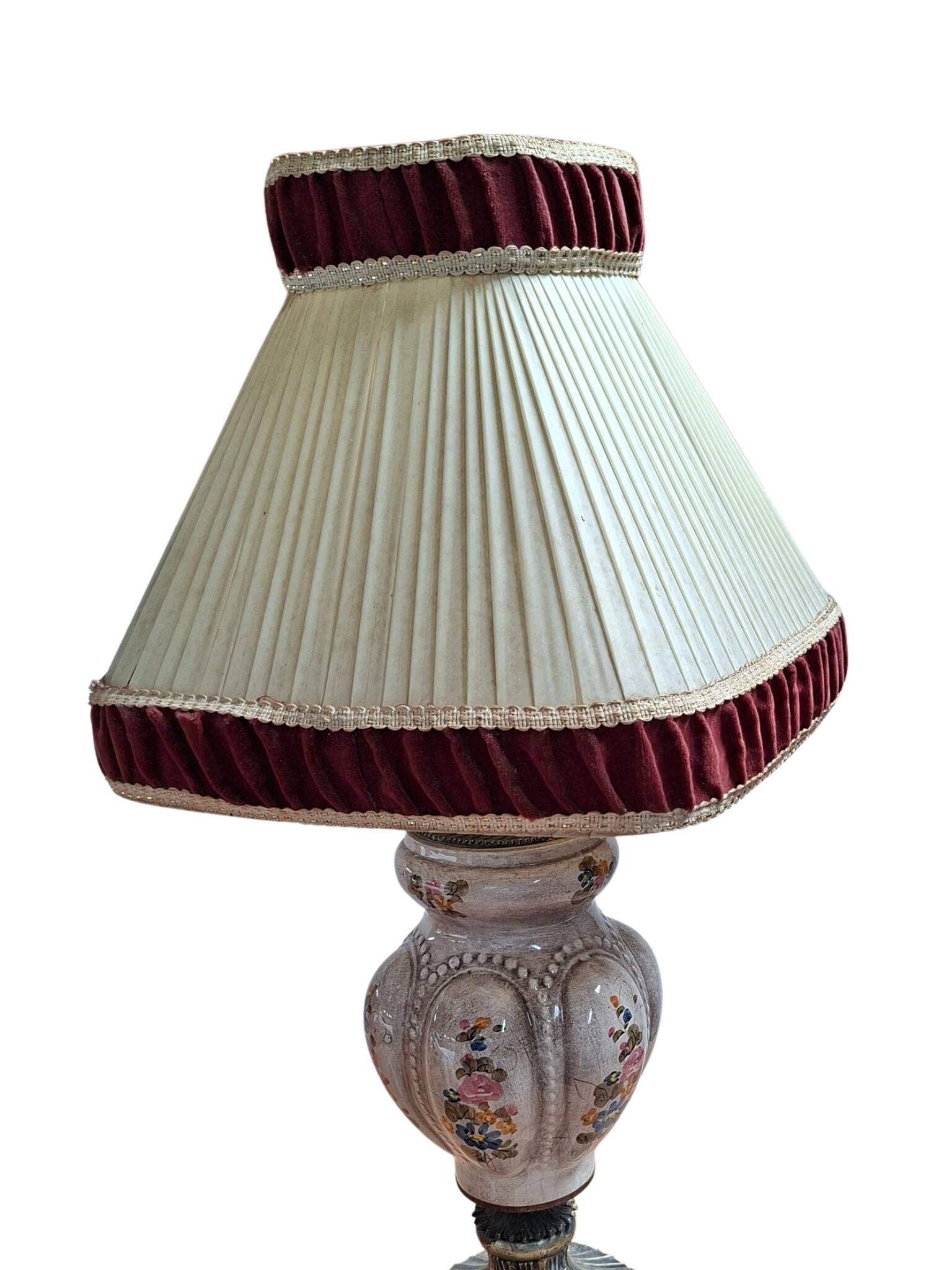 Lampada da Tavolo Vintage in Ceramica dipinta a mano e Velluto Bordeaux