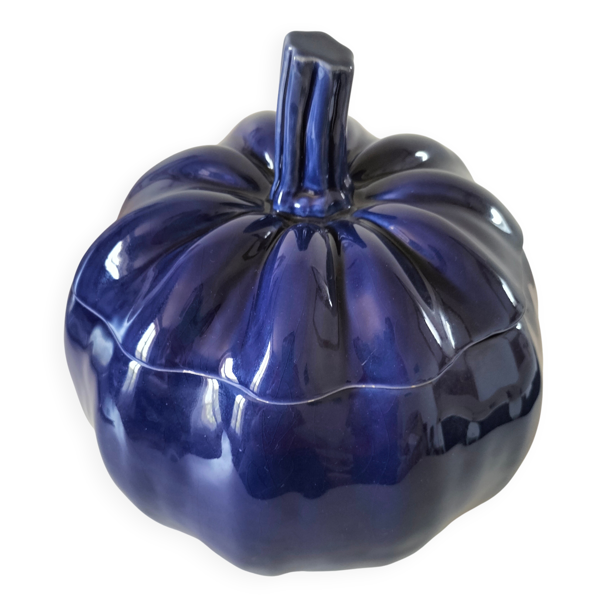 Large vintage soup tureen in glazed ultramarine ceramic
