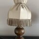 Pair of wooden bedside lamps with vintage fringe lampshades.