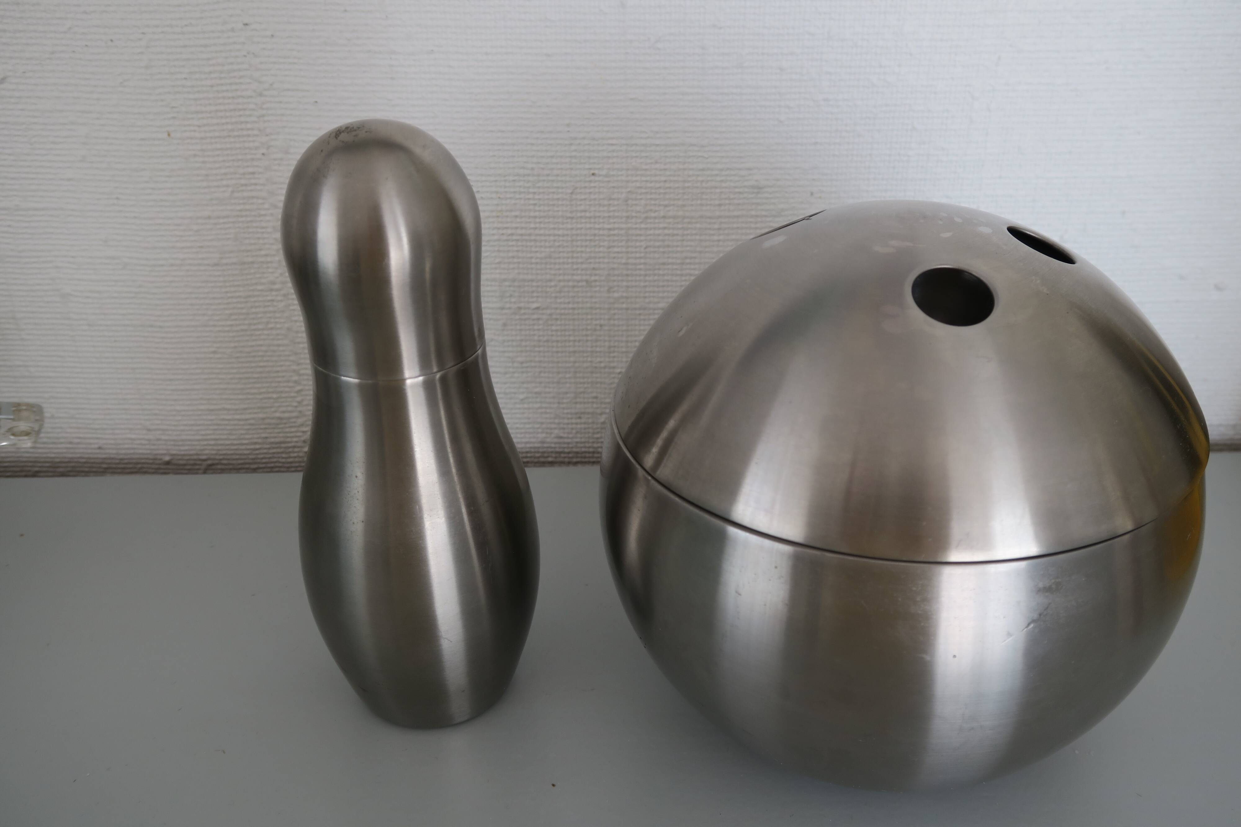 Brushed stainless steel ice bucket and shaker, 1970